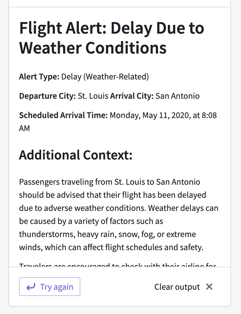 The AIP generated content widget displaying a response from logic regarding a flight alert.