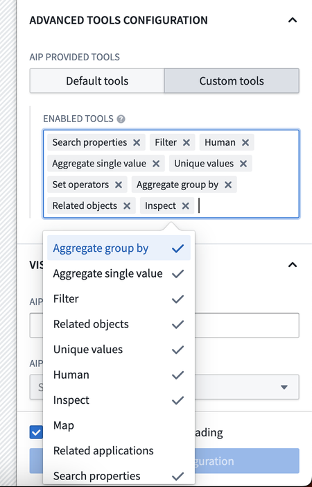 AIP Interactive widget advanced tools configuration panel.