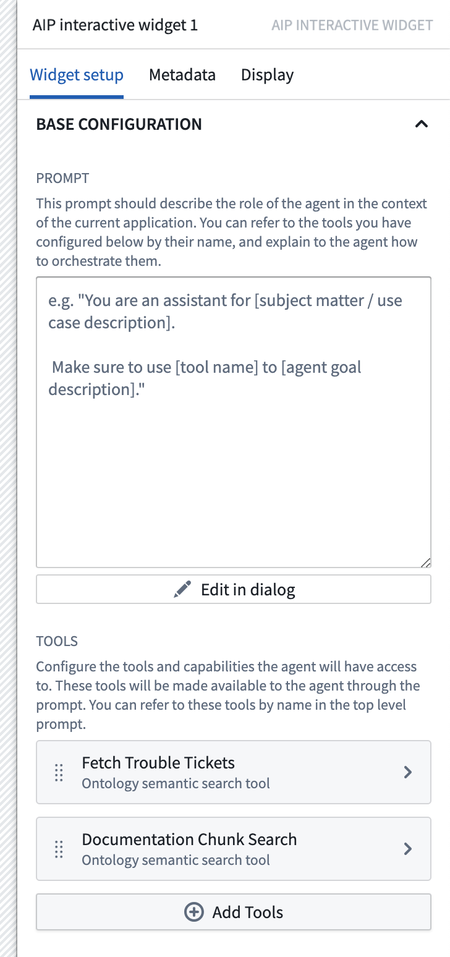 AIP Interactive widget configuration panel.