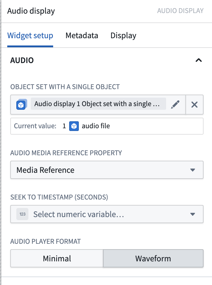 Audio display configuration options for the Audio and Transcription Display widget.