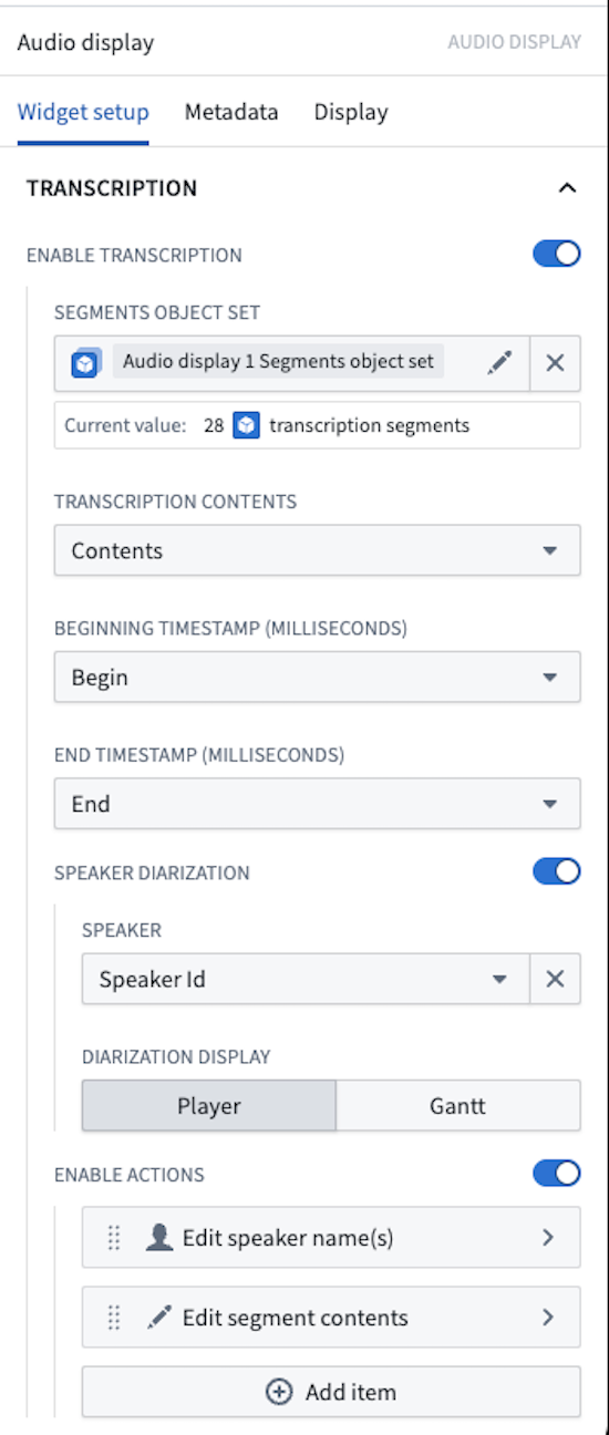 Transcription configuration options for the Audio and Transcription Display widget.