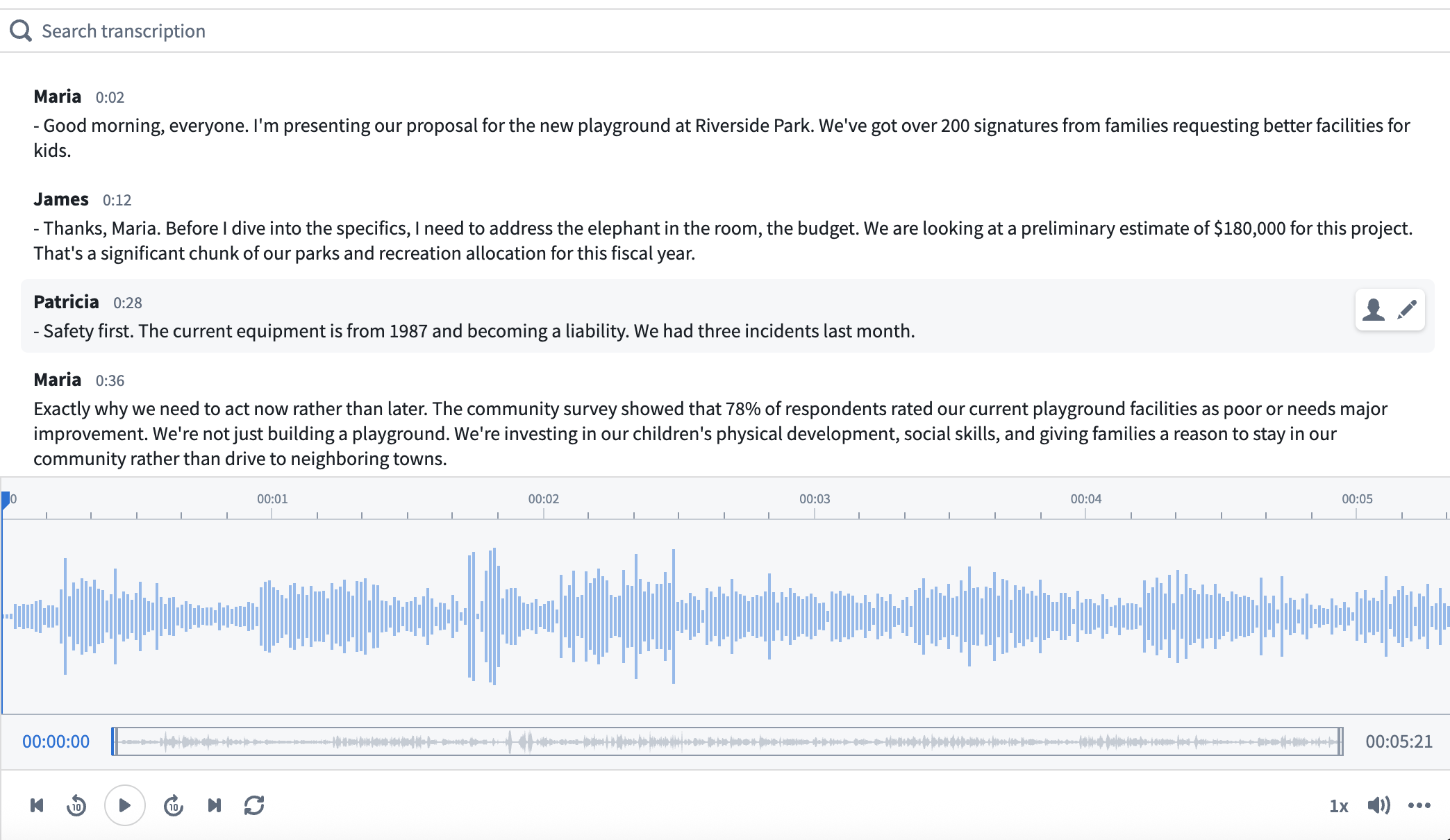 An example Audio and Transcription Display widget, showing a visualization of the audio and a transcript.