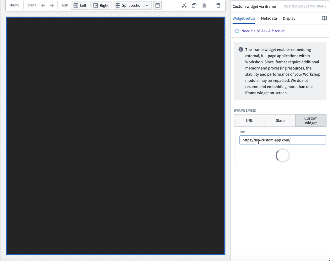 The loading state for the bidirectional widget's config panel after entering a URL for a custom app.