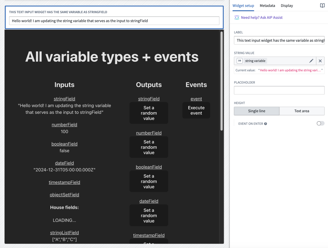 Typing in a text input widget where the variable value is connected to the bidirectional widget's embedded application shows the value update in the embedded application.