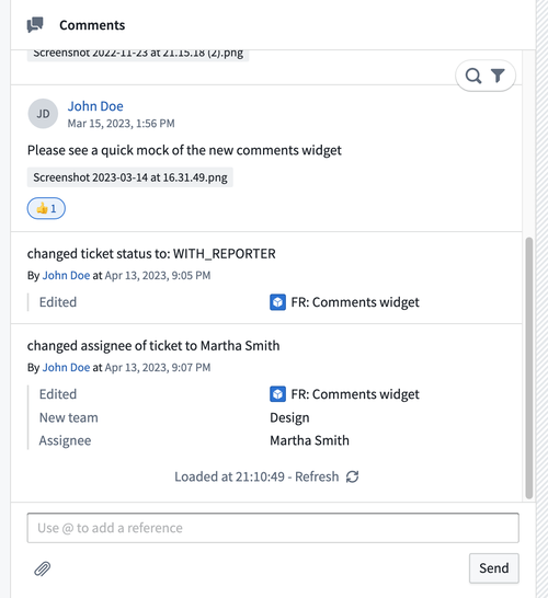 Comment widget showing comments and actions in one unified feed.