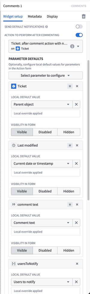 Comments widget configuration lets you pass comment text and users to notify to an action you configure in Ontology app