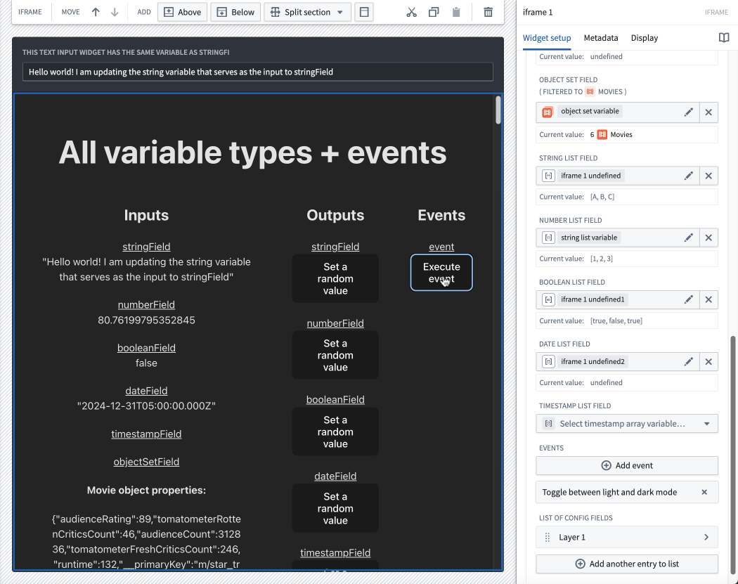 Clicking a button in the custom bidirectionally iframed app executes an event in Workshop, in this case toggling between light and dark mode.