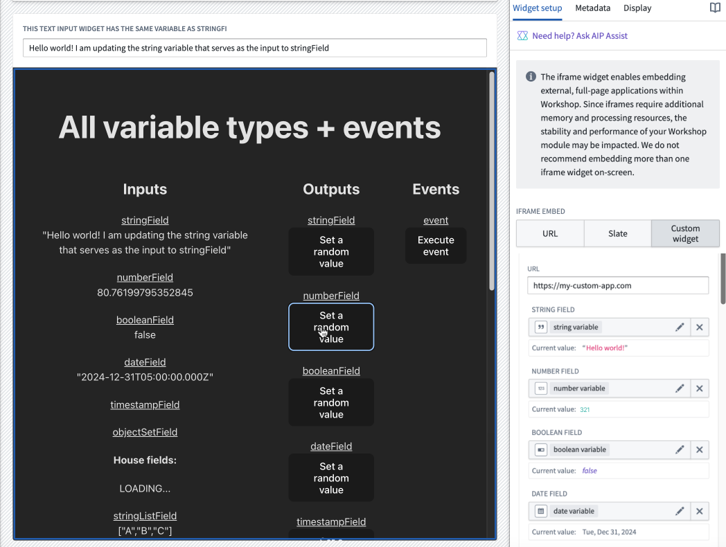 Clicking a button in the custom bidirectionally iframed app changes the value for a number variable and also updates the variable's value in Workshop.