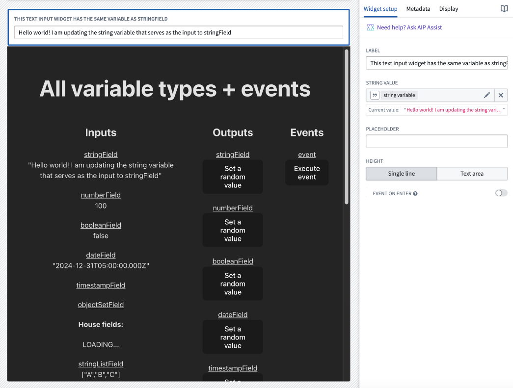 Typing in a text input widget where the variable value is connected to the custom widget's embedded application shows the value update in the embedded application.