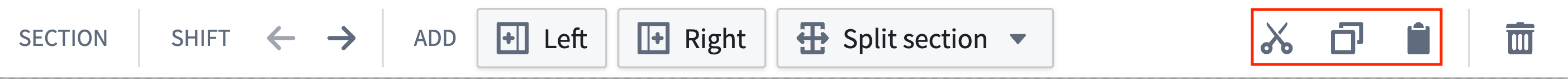 The cut, copy, and paste options for a section or widget are highlighted.