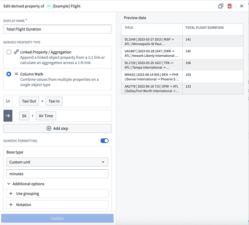 Example column math derived property type configuration.