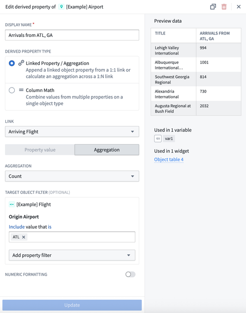 Example linked aggregation derived property type configuration.