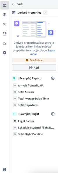 Derived properties configuration panel in Workshop.