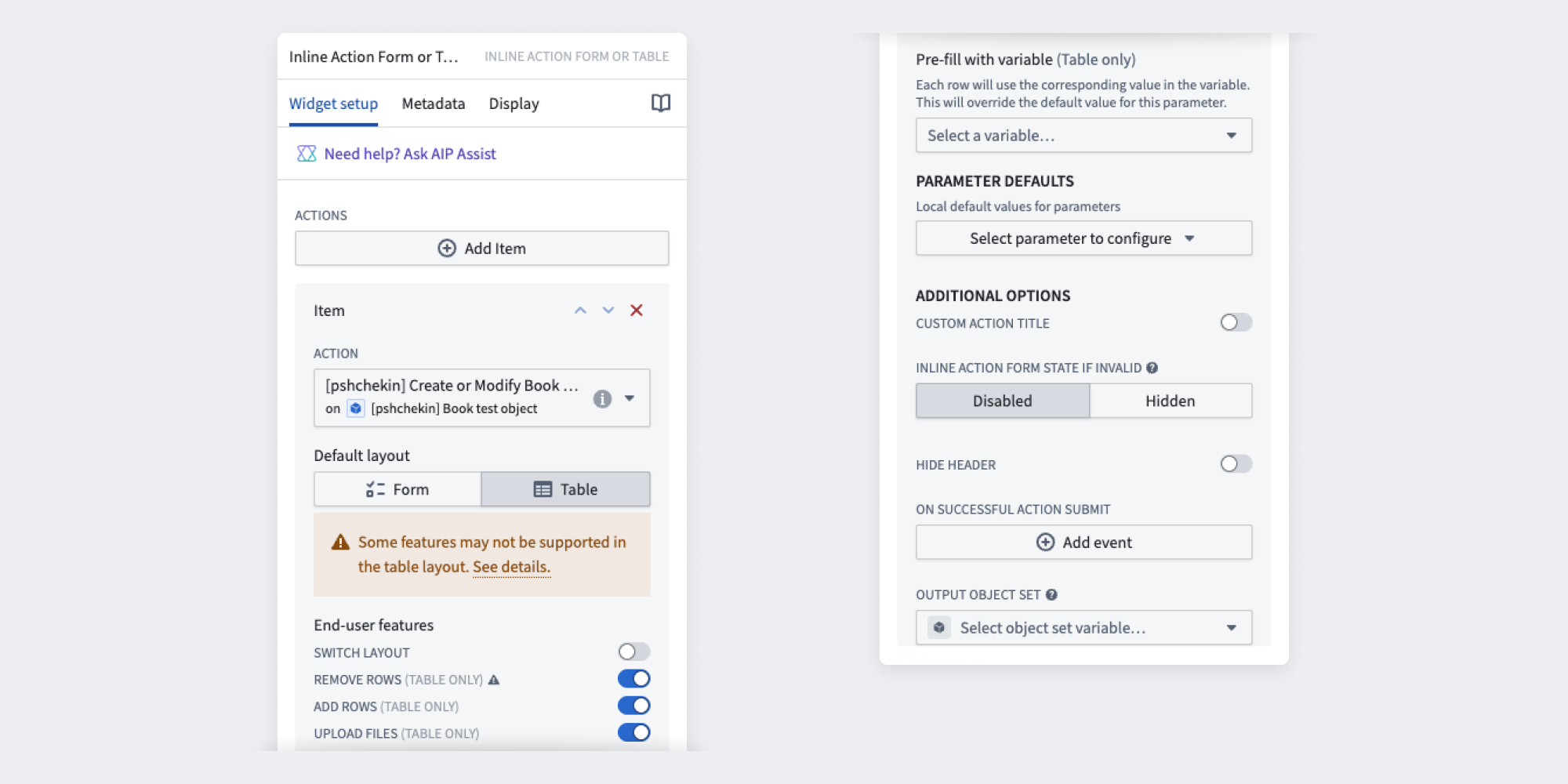 Sample Inline Action widget configuration.
