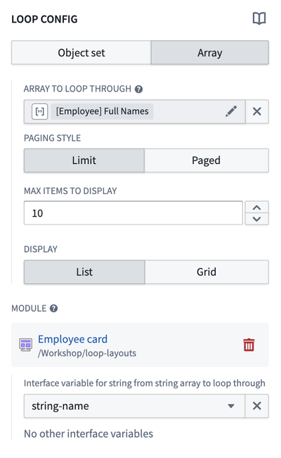 Loop layout configuration panel in Workshop with array option selected.
