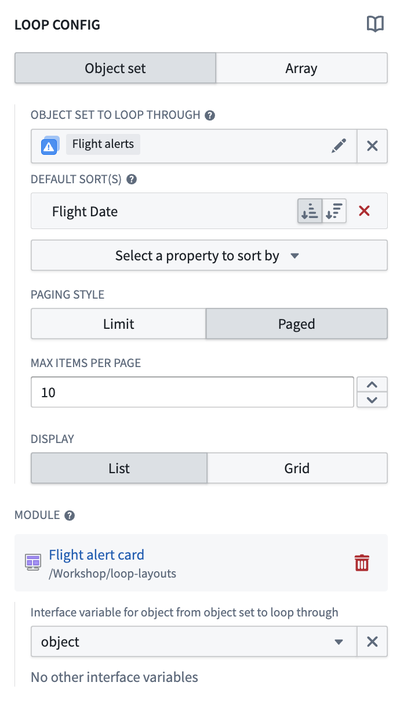 Loop layout configuration panel in Workshop with object set option selected.