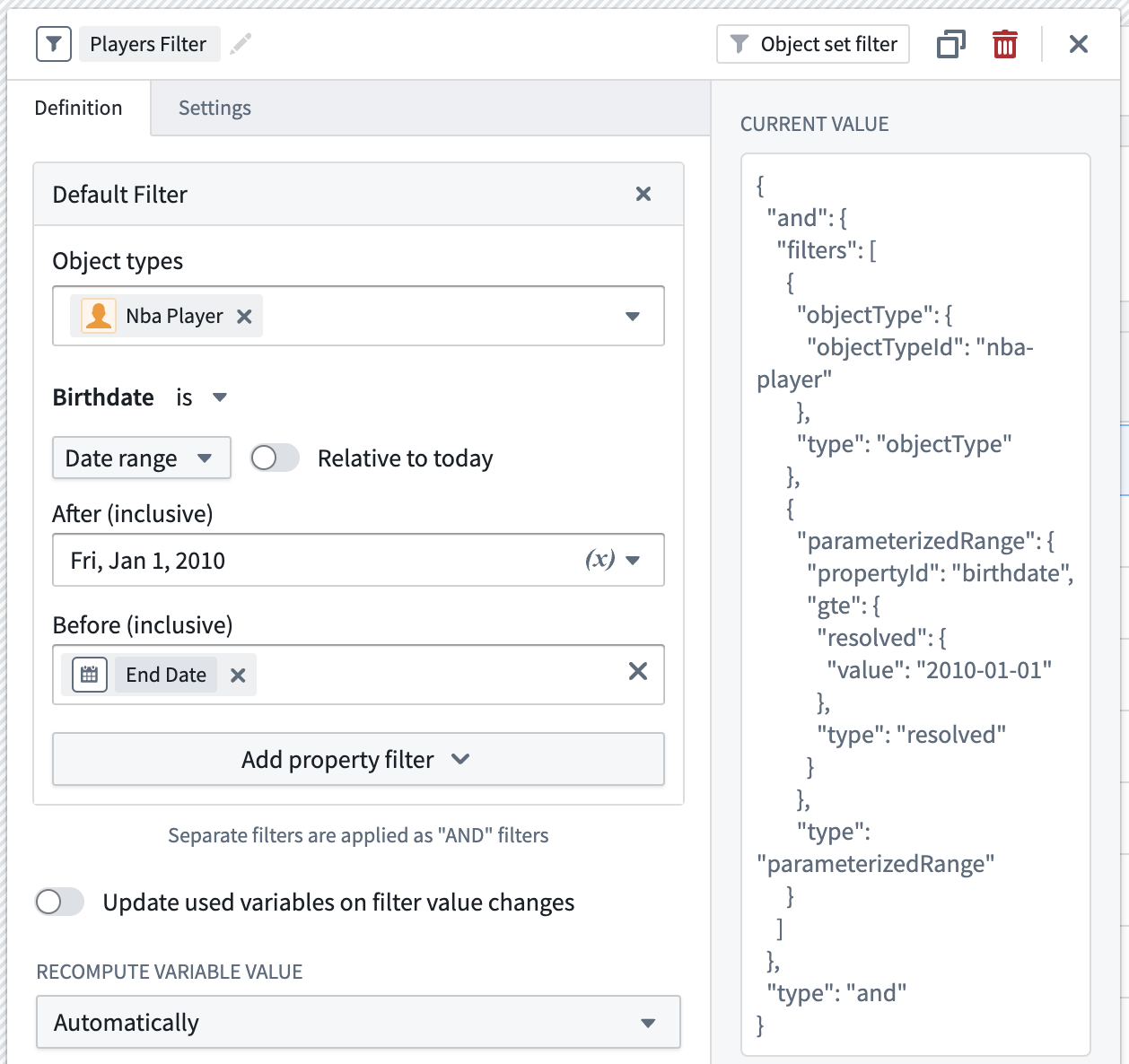 An object set filter variable with a default state.