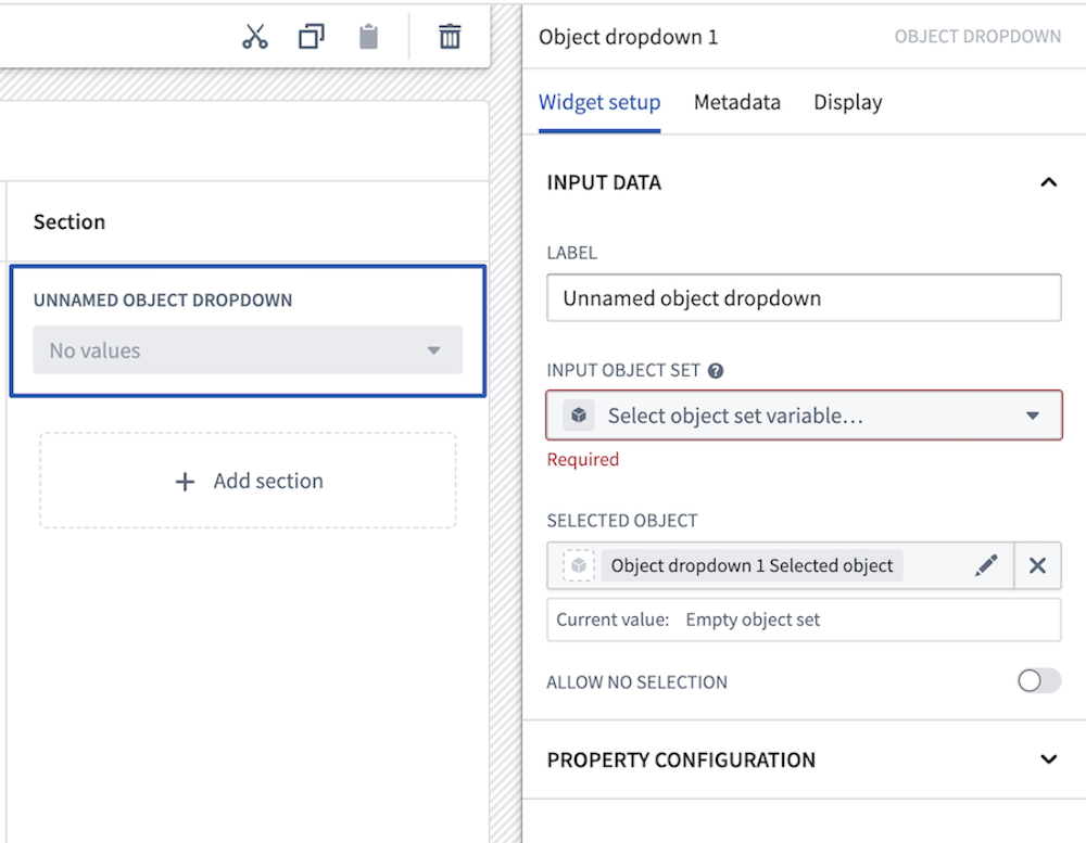 The empty state of a newly added Object Dropdown widget and configuration panel.