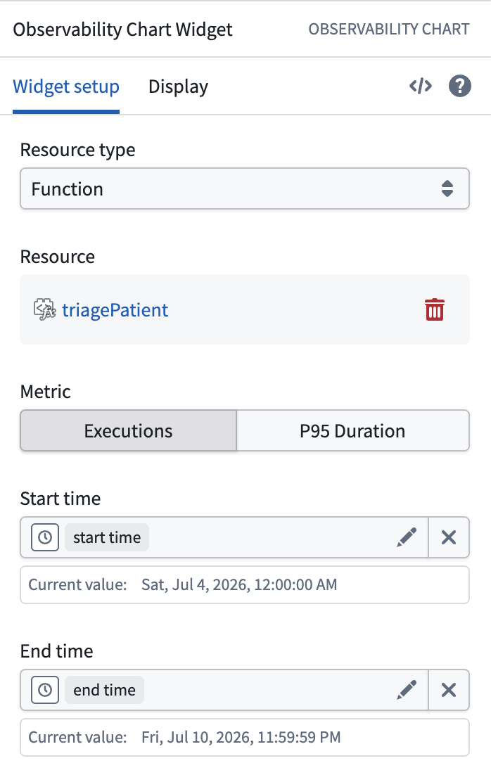 The Observability Chart widget setup panel, showing the resource type, resource, metric, and start and end time options.