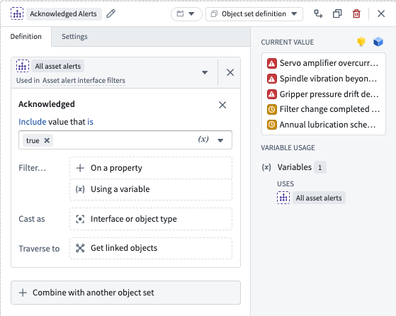 An interface-based object set filtered to include acknowledged asset alerts.