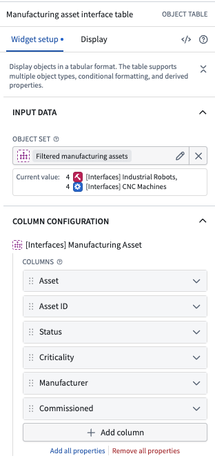 An Object Table configured with Manufacturing Asset interface properties and an object set containing Industrial Robot and CNC Machine objects.