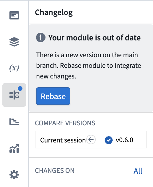 The Changelog panel indicates that the module is out of date and displays the Rebase button.