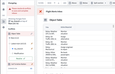 Rebase conflict branch object table with `Action required` column showing.