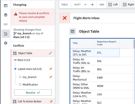 Rebase conflict main object table with `Departure airport code` column showing.