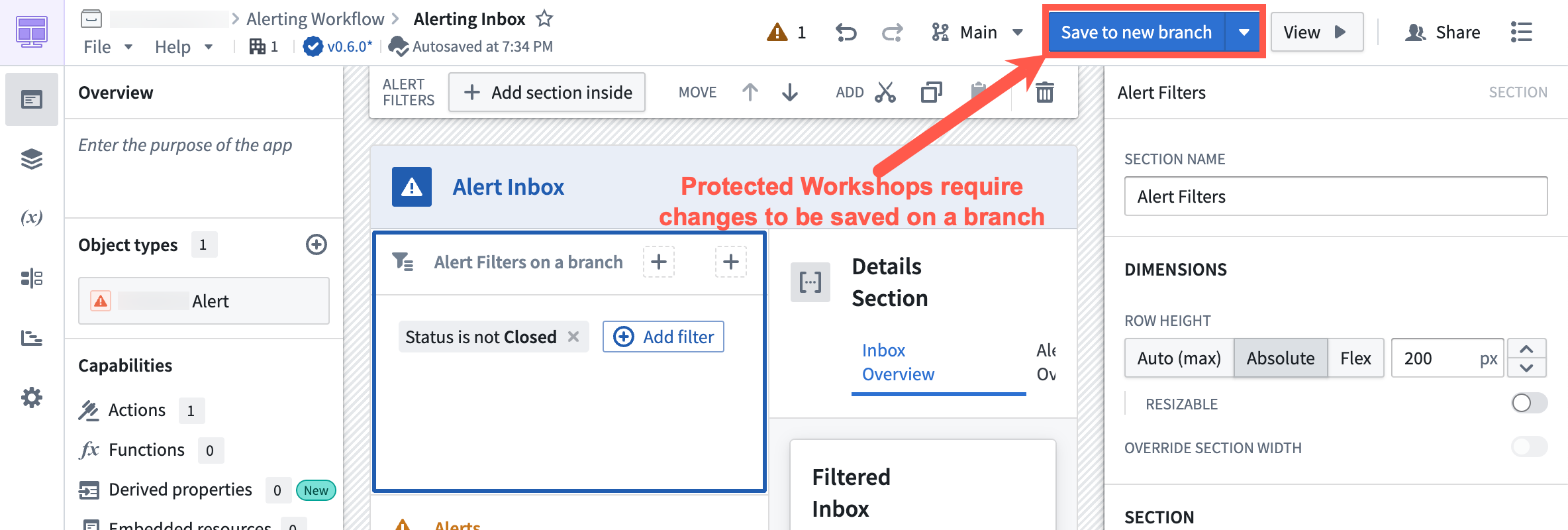 Save to new branch button.