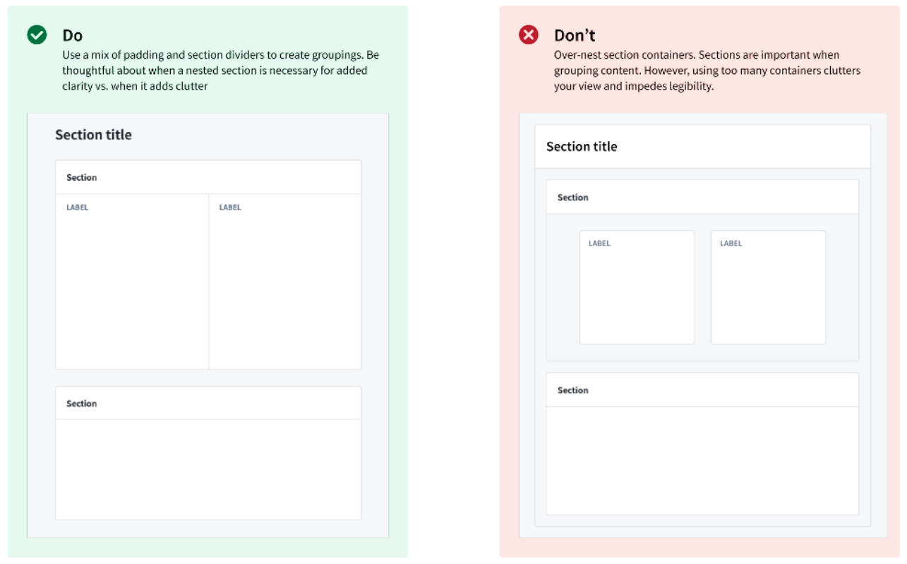 A Do and Do not comparison shows when to use padding and dividers within a section.