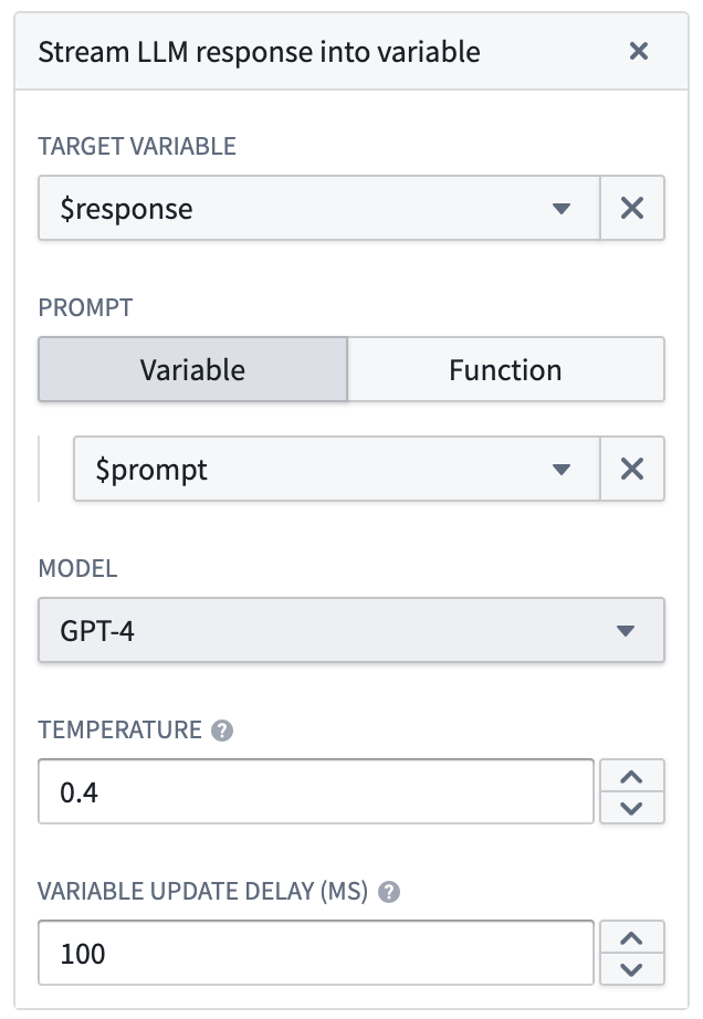 Stream LLM response into variable configuration