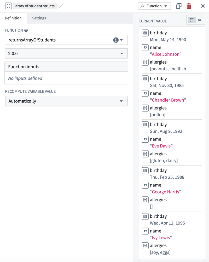 Struct array creation using a function