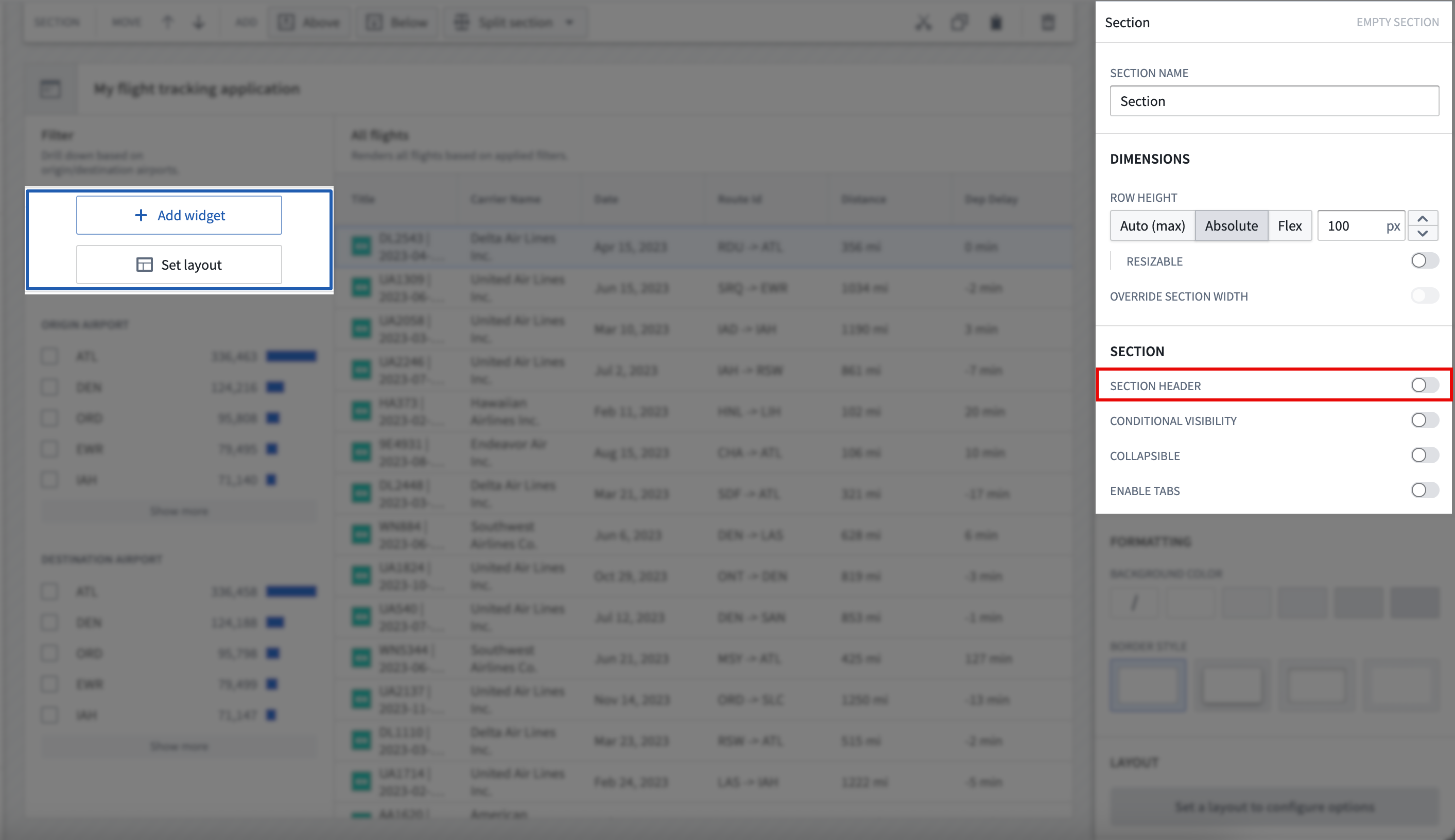 The Section panel displays the Section header toggle.