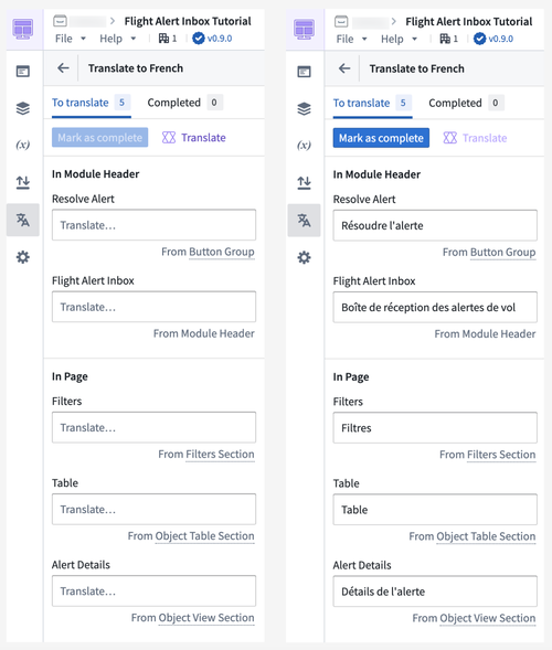 Translations configuration panel.