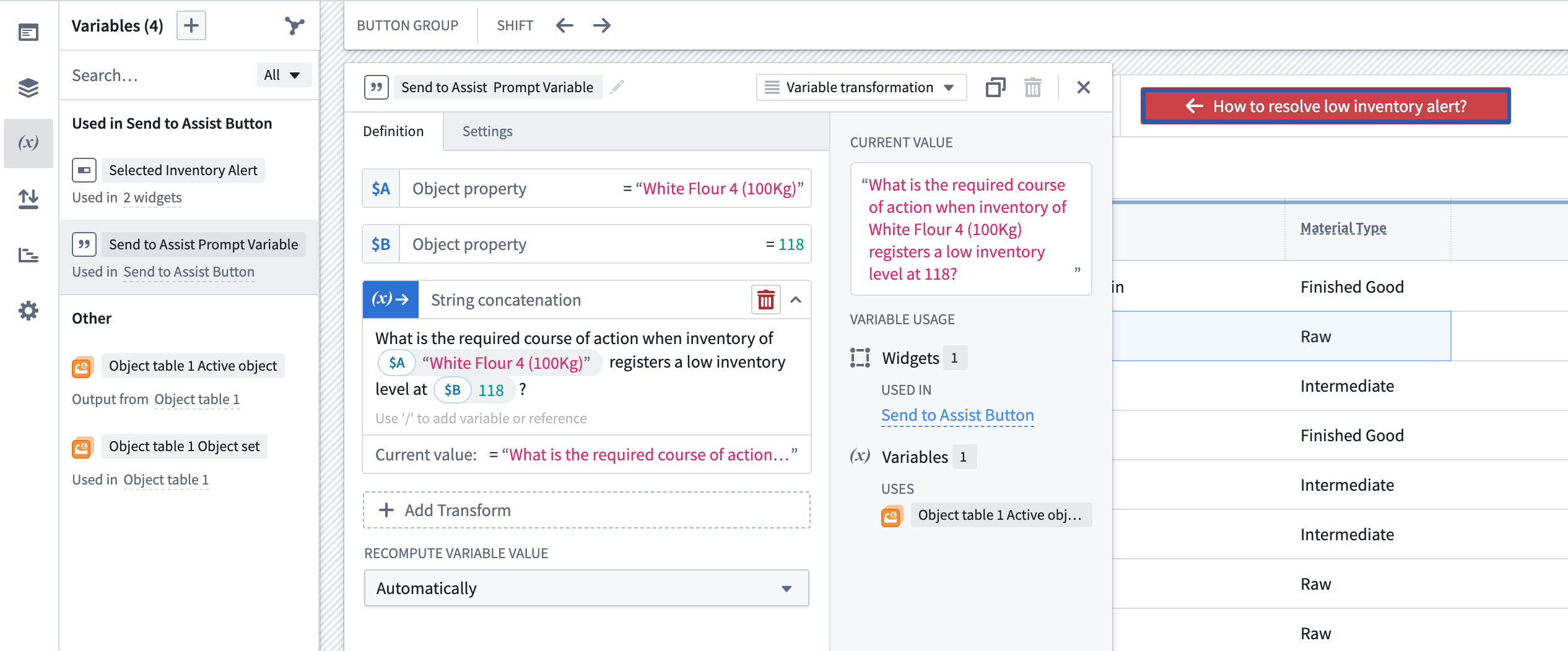 The variable configuration panel, listing the variable value as well as the object properties that are concatenated to the variable value string.