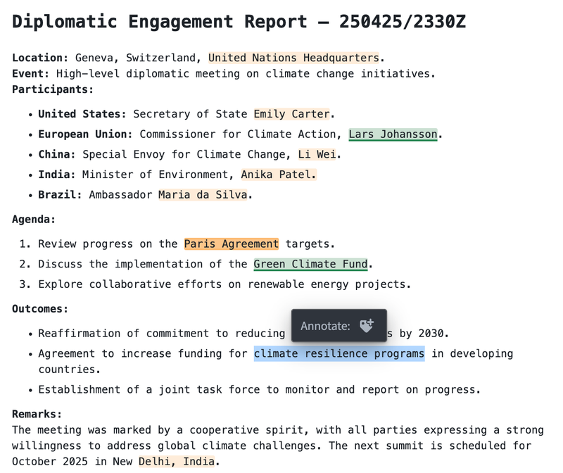 Markdown widget example with annotation creation.