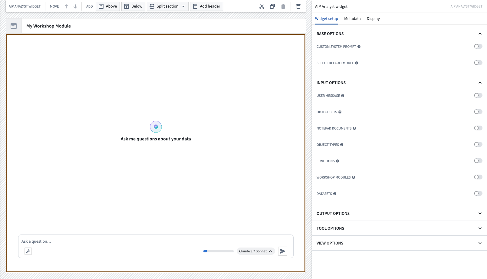 AIP Analyst Workshop widget configuration.