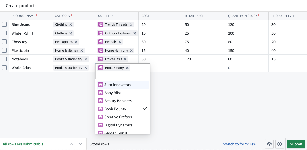 A sample Inline Action widget in the table layout.