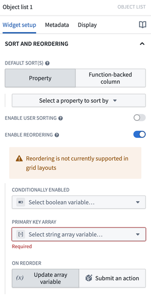 Object list widget reordering configuration fields.