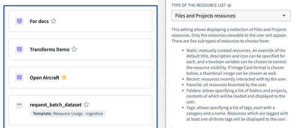 The Files and Projects resources setup menu.