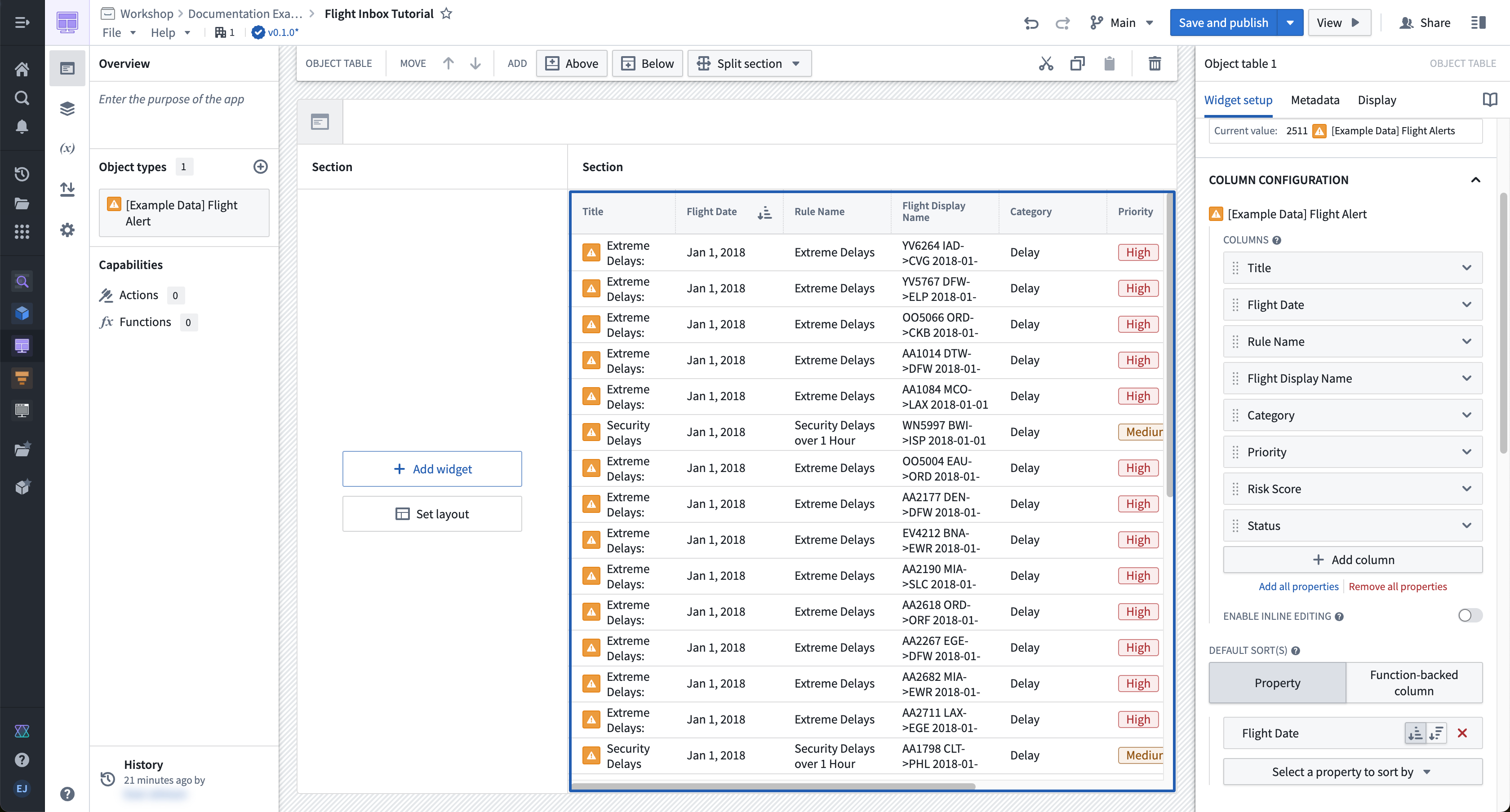 Screenshot of Workshop module with "Object table 1" added to the right side of the module layout