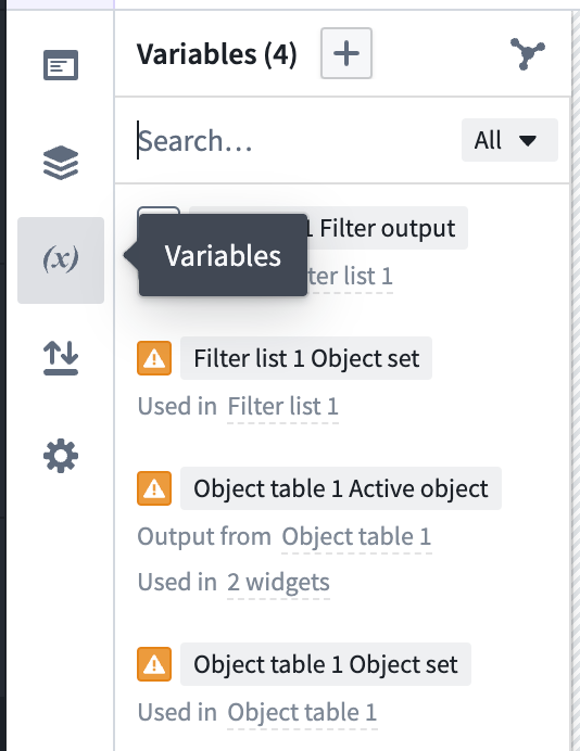 Variables sidebar panel in Workshop editor