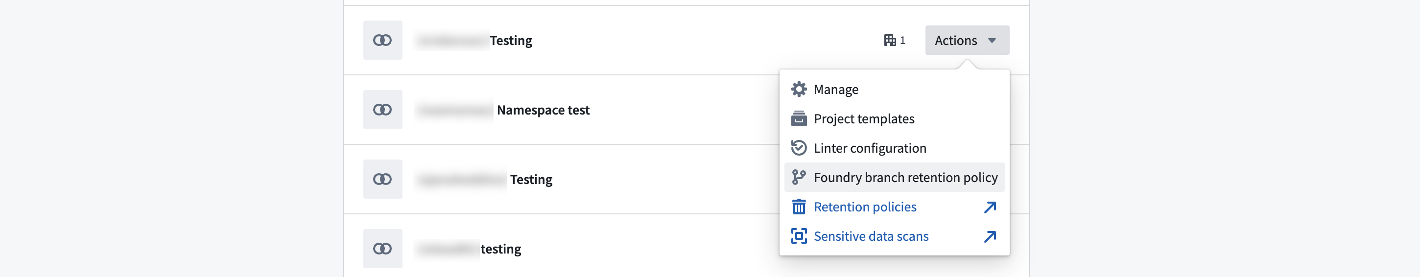 Branch retentions Actions dropdown menu.