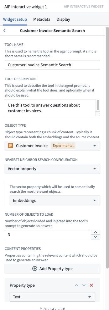 AIP Interactive ウィジェットのセマンティック検索ツール設定