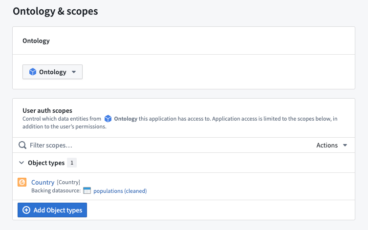 SDK で使用するオントロジーを選択し、特定のオブジェクトタイプやアクションタイプを選択します