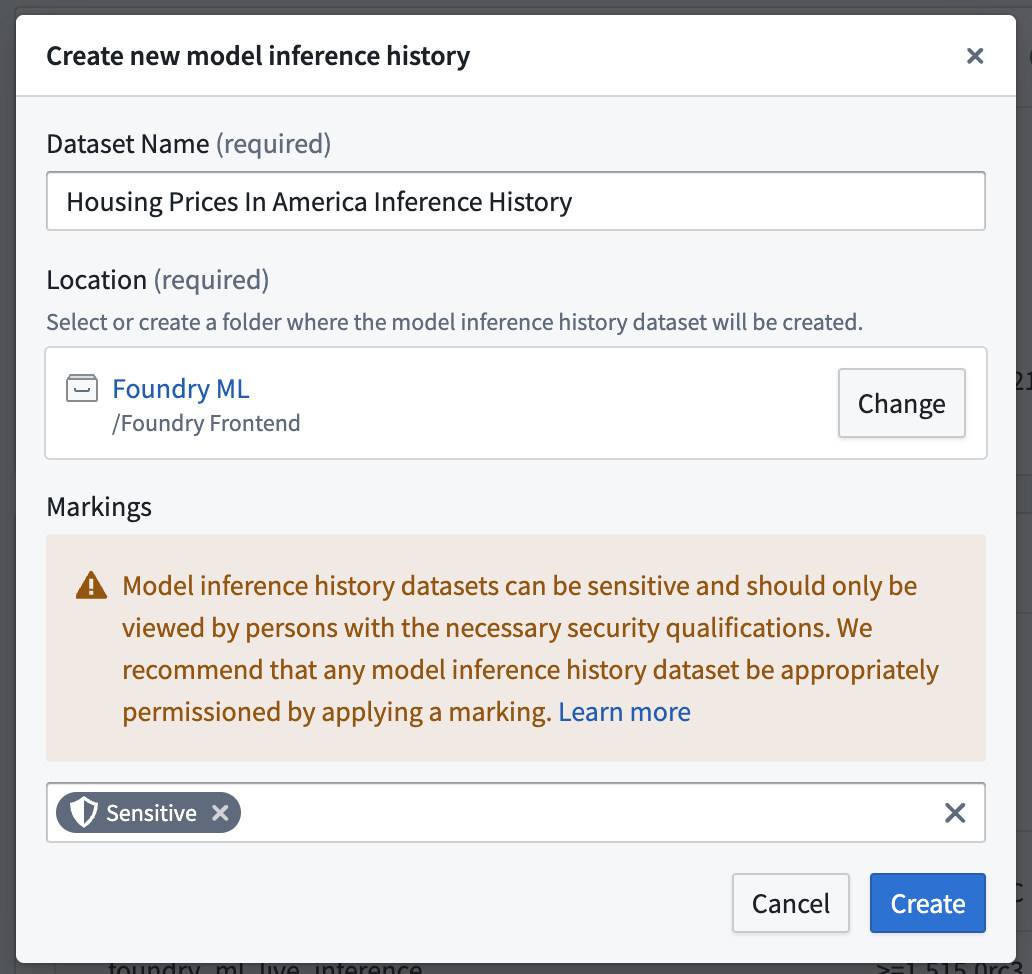 create model inference history dialog