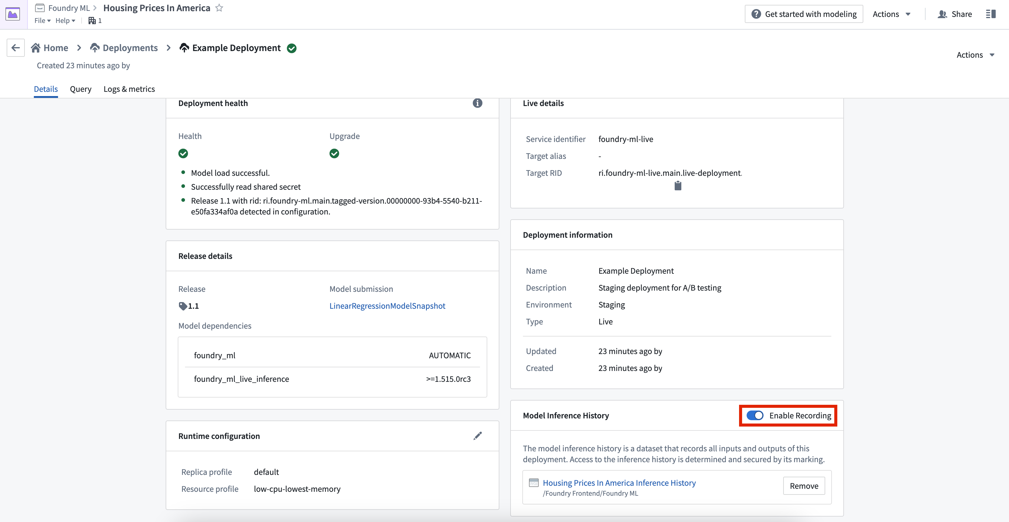 enable model inference history recording toggle