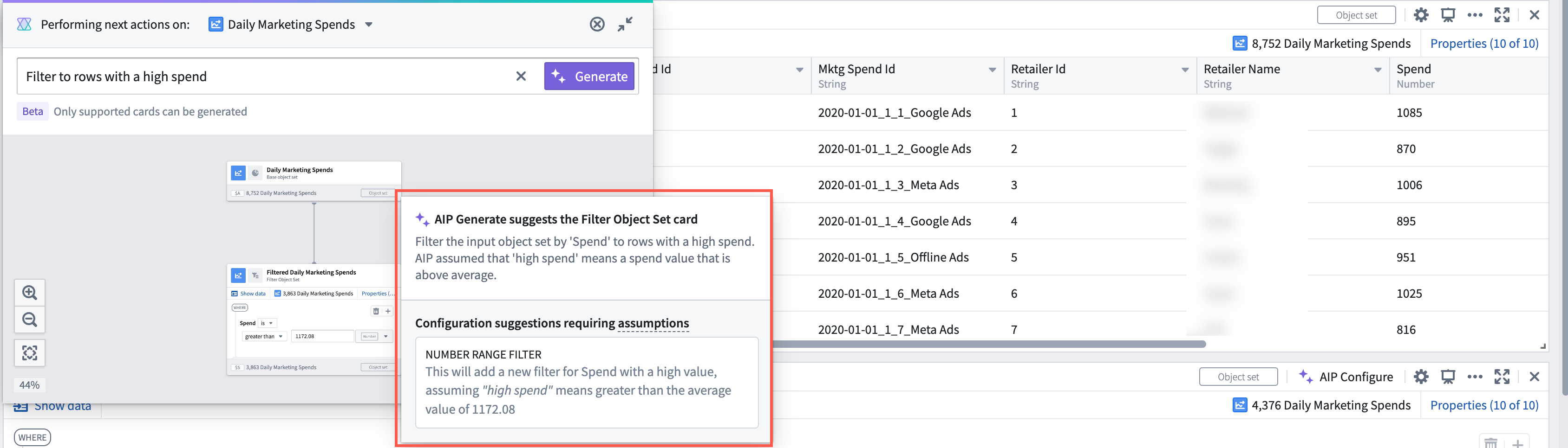 AIP Generate の構成提案に前提条件が必要であることを示すスクリーンショット