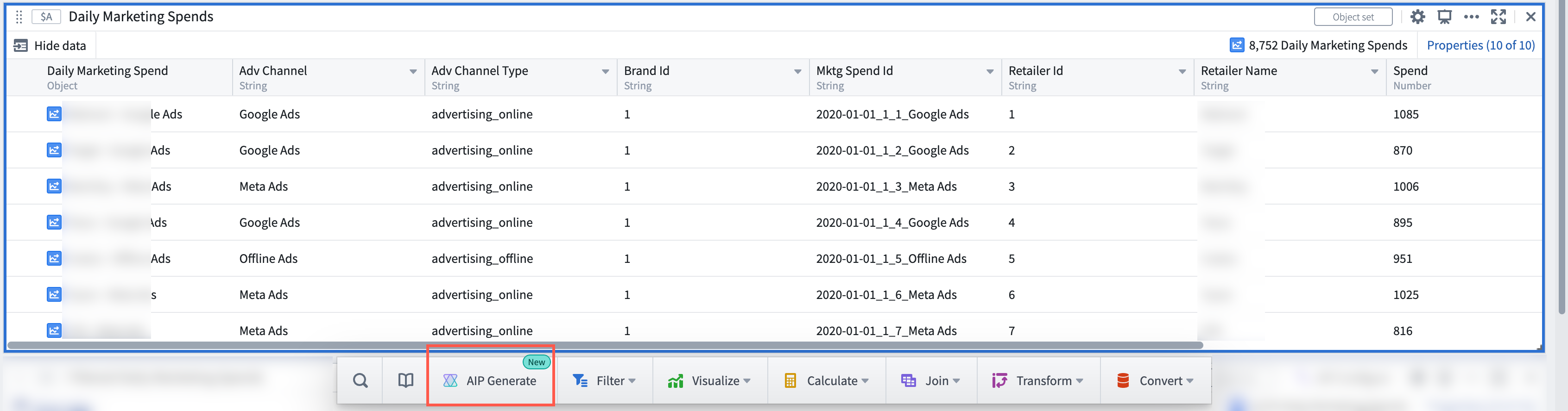 次のアクションメニューで AIP Generate ボタンを強調表示する赤い四角形