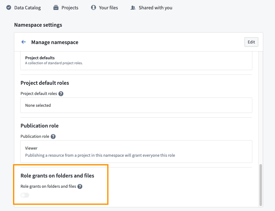 Namespace settings role grants